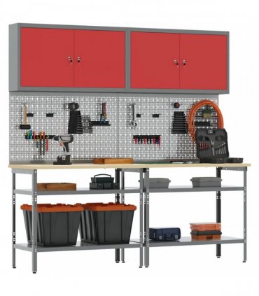 vidaXL Work Bench Set 8 pcs Red and Grey 200 x 55 x 200 cm Steel