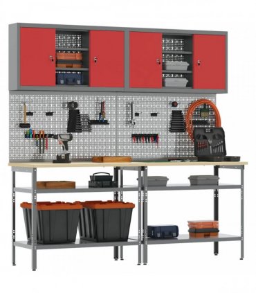 vidaXL Work Bench Set 8 pcs Red and Grey 200 x 55 x 200 cm Steel