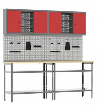 vidaXL Work Bench Set 8 pcs Red and Grey 200 x 55 x 200 cm Steel