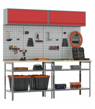 vidaXL Work Bench Set 8 pcs Red and Grey 200 x 55 x 200 cm Steel
