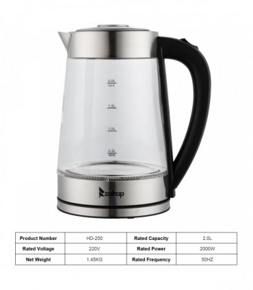 【Old Code：42128382】ZOKOP HD-250 220V 2000W 2L Blue Glass Electric Kettle