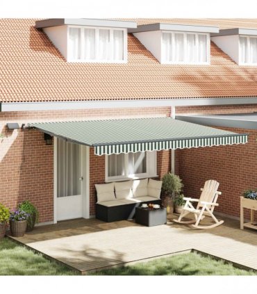 vidaXL Manual Awning with Solar LED 4.5 x 3.5 m Green and White Stripe