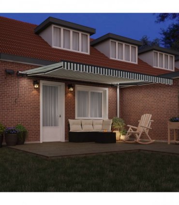 vidaXL Manual Awning with Solar LED 4.5 x 3.5 m Green and White Stripe