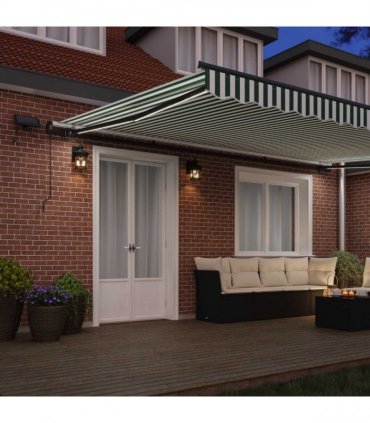 vidaXL Manual Awning with Solar LED 5 x 3 m Green and White Stripe