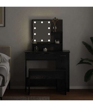 vidaXL LED Dressing Table Set 2 pcs Black Oak 86.5 x 35 x 136 cm