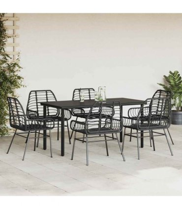 vidaXL 7 Piece Garden Dining Set Black Poly Rattan Glass