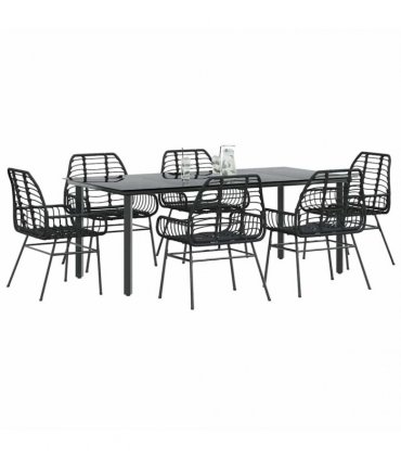 vidaXL 7 Piece Garden Dining Set Black Poly Rattan Glass