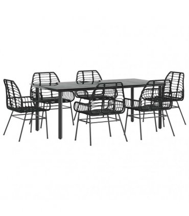 vidaXL 7 Piece Garden Dining Set Black Poly Rattan Glass