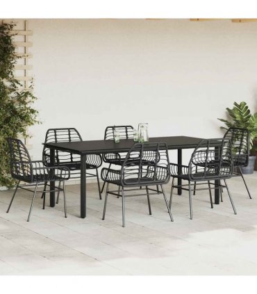 vidaXL 7 Piece Garden Dining Set Black Poly Rattan Glass