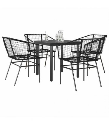 vidaXL 5 Piece Garden Dining Set Black Poly Rattan Glass