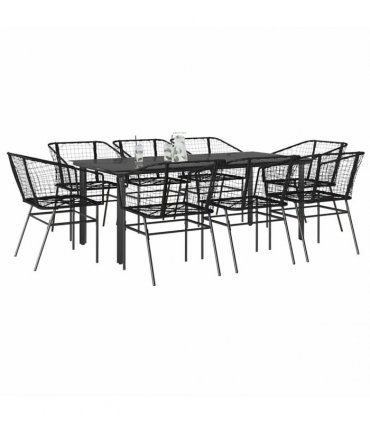 vidaXL 9 Piece Garden Dining Set Black Poly Rattan Glass