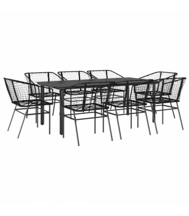 vidaXL 9 Piece Garden Dining Set Black Poly Rattan Glass