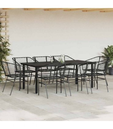 vidaXL 9 Piece Garden Dining Set Black Poly Rattan Glass