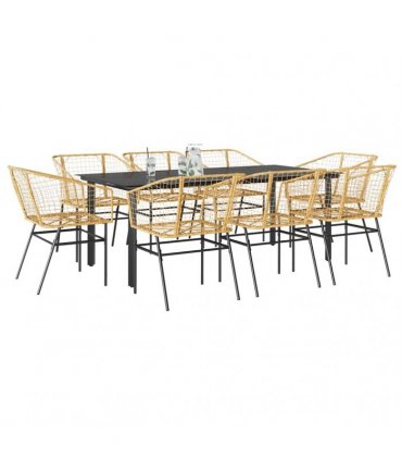 vidaXL 9 Piece Garden Dining Set Brown Poly Rattan Glass