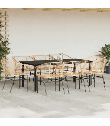 vidaXL 9 Piece Garden Dining Set Brown Poly Rattan Glass