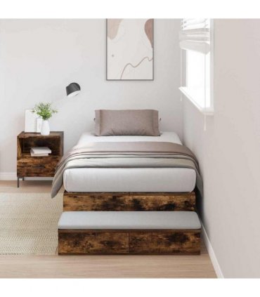 vidaXL Storage Bed Frame with Drawer Smoked Oak 75 cm Engineered Wood