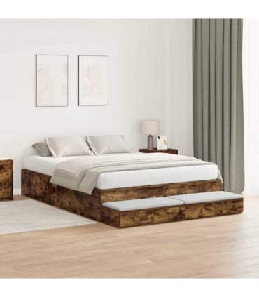 vidaXL Storage Bed Frame with Drawer Smoked Oak 140 cm Engineered Wood