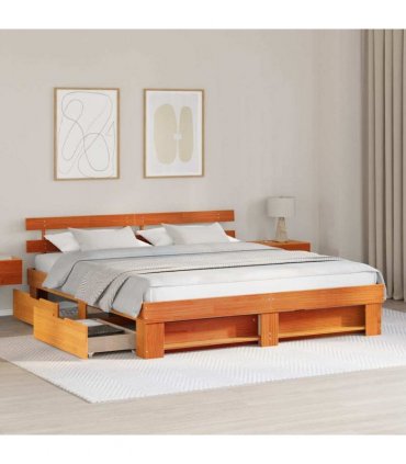 vidaXL Bed Frame with Drawer Wax Brown 200 x 200 cm Solid Pine Wood