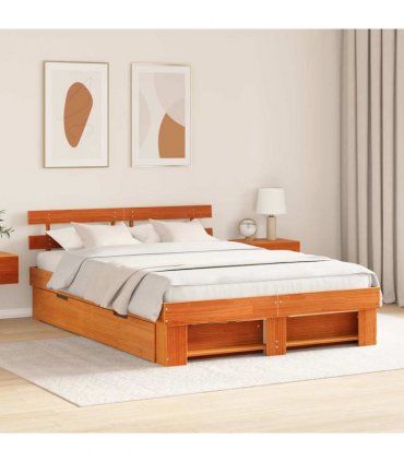 vidaXL Bed Frame with Headboard Wax Brown 140 x 200 cm Solid Pine Wood