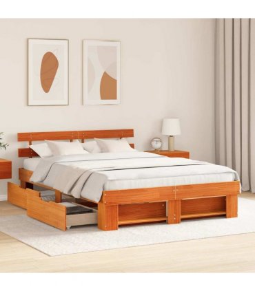 vidaXL Bed Frame with Headboard Wax Brown 140 x 200 cm Solid Pine Wood