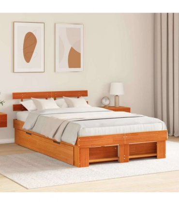 vidaXL Bed Frame with Drawer Wax Brown 135 x 190 cm Solid Pine Wood