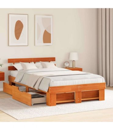 vidaXL Bed Frame with Drawer Wax Brown 135 x 190 cm Solid Pine Wood