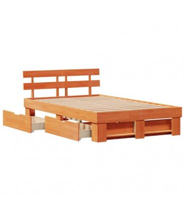 vidaXL Bed Frame with Drawer Wax Brown 135 x 190 cm Solid Pine Wood