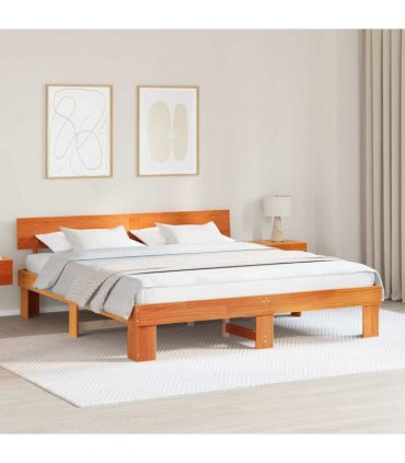 vidaXL Bed Frame with Headboard Wax Brown 200 x 200 cm Solid Pine Wood
