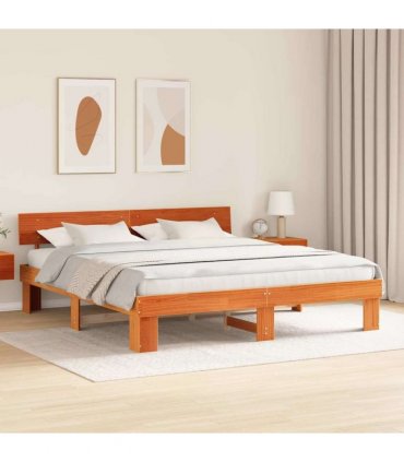 vidaXL Bed Frame with Headboard Wax Brown 200 x 200 cm Solid Pine Wood