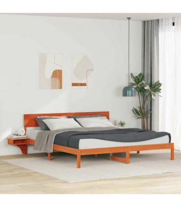 vidaXL Bed Frame with Headboard Wax Brown 200 x 200 cm Solid Pine Wood