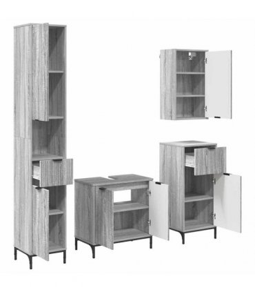 vidaXL Bathroom Furniture Set 4 pcs Grey Sonoma Engineered wood, Metal