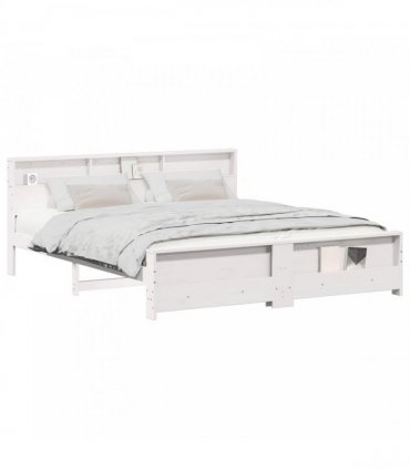 vidaXL Bed Frame with Shelf White 200 x 200 cm Solid Pine Wood