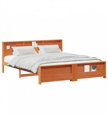 vidaXL Bed Frame with Shelf Wax Brown 200 x 200 cm Solid Pine Wood