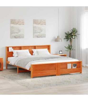 vidaXL Bed Frame with Shelf Wax Brown 180 x 200 cm Solid Pine Wood