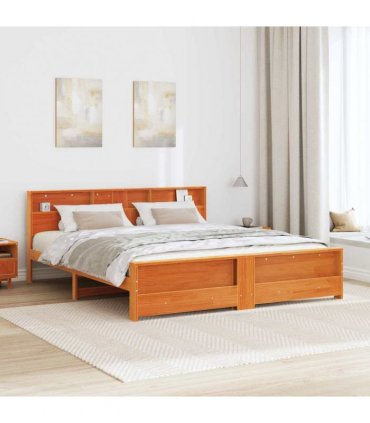 vidaXL Bed Frame with Shelf Wax Brown 180 x 200 cm Solid Pine Wood