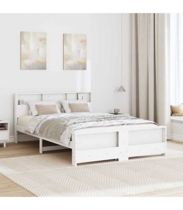 vidaXL Bed Frame with Shelf White 150 x 200 cm Solid Pine Wood