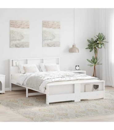 vidaXL Bed Frame with Shelf White 140 x 200 cm Solid Pine Wood