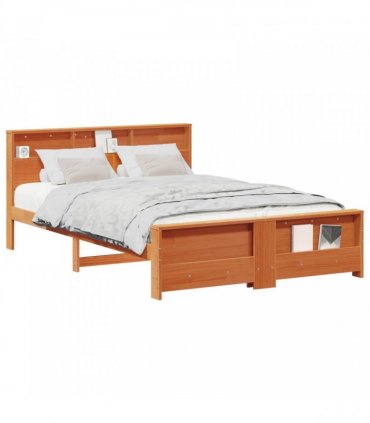 vidaXL Bed Frame with Shelf Wax Brown 140 x 200 cm Solid Pine Wood