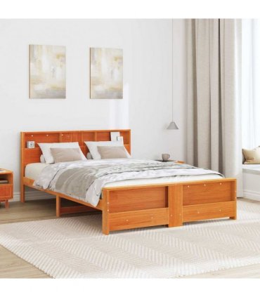 vidaXL Bed Frame with Shelf Wax Brown 140 x 200 cm Solid Pine Wood