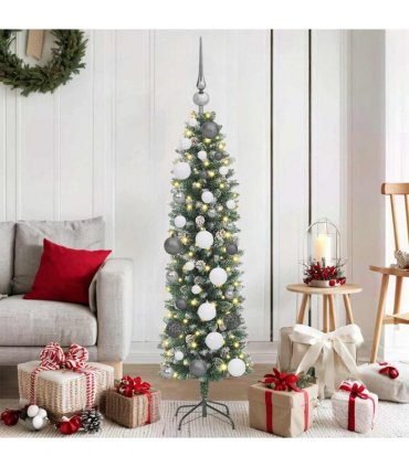 vidaXL Artificial Slim Christmas Tree Green and White 120 cm PVC