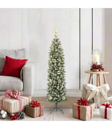 vidaXL Artificial Slim Christmas Tree Green and White 120 cm PVC
