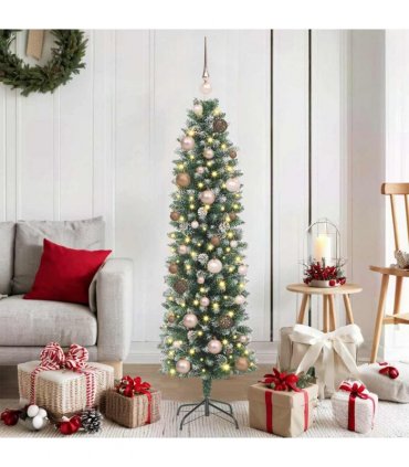 vidaXL Artificial Slim Christmas Tree Green and White 150 cm PVC