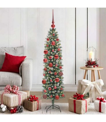 vidaXL Artificial Slim Christmas Tree Green and White 150 cm PVC