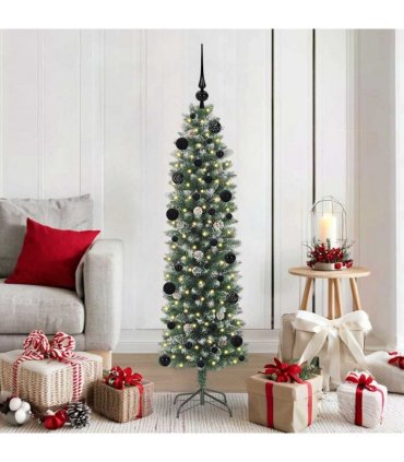 vidaXL Artificial Slim Christmas Tree Green and White 150 cm PVC