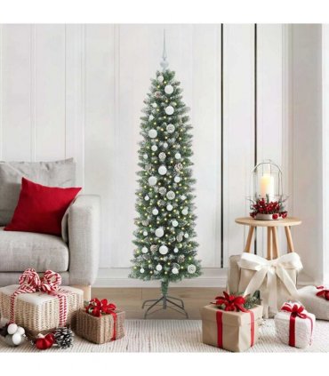vidaXL Artificial Slim Christmas Tree Green and White 150 cm PVC