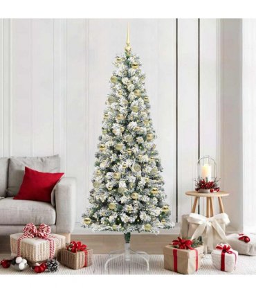 vidaXL Artificial Hinged Christmas Tree Flocked Green and White 210 cm