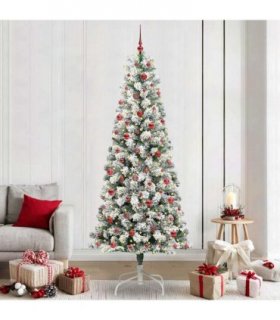 vidaXL Artificial Hinged Christmas Tree Flocked Green and White 240 cm