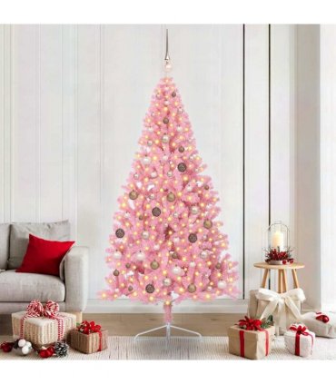 vidaXL Artificial Pre-lit Christmas Tree with 300 LEDs Pink 210 cm PVC
