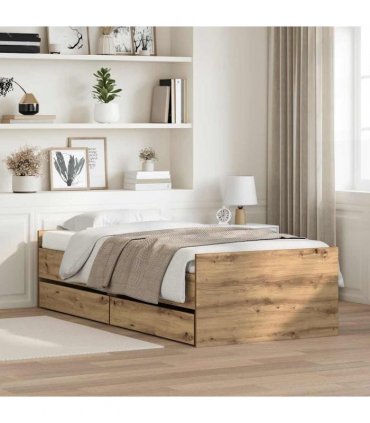 vidaXL Bed Frame with Drawer Artisan Oak 90 x 190 cm Solid Pine Wood