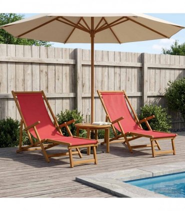 vidaXL Folding Sun Lounger 2 pcs 3 Position Solid Eucalyptus Wood Red